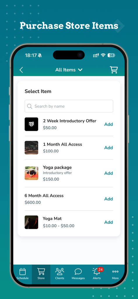WellnessLiving Elevate mobile app interface displaying a list of fitness studio packages and products for staff to process purchases.