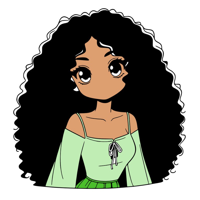 a black anime girl with long afro hair