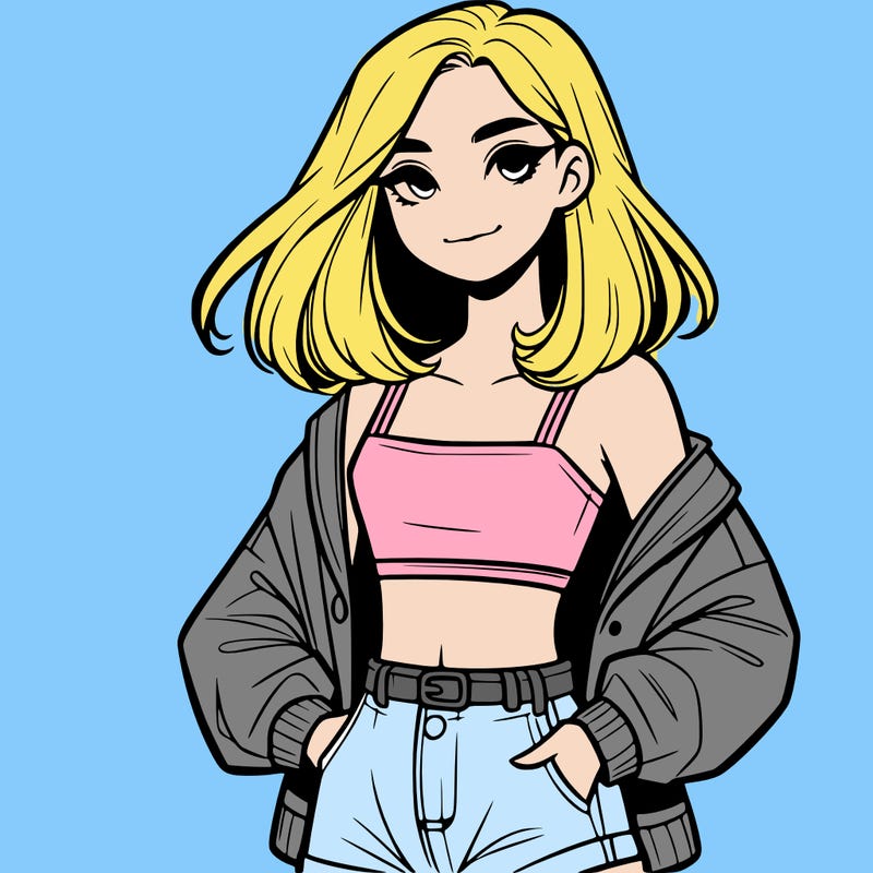 a realistic girl with a crop top and short shorts in an open jacket