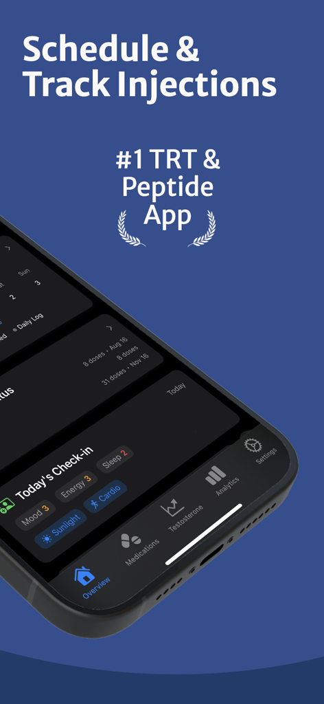 OptiPin | TRT Peptide Tracker - OptiPin app interface for scheduling injections and tracking daily health markers like mood energy and sleep
