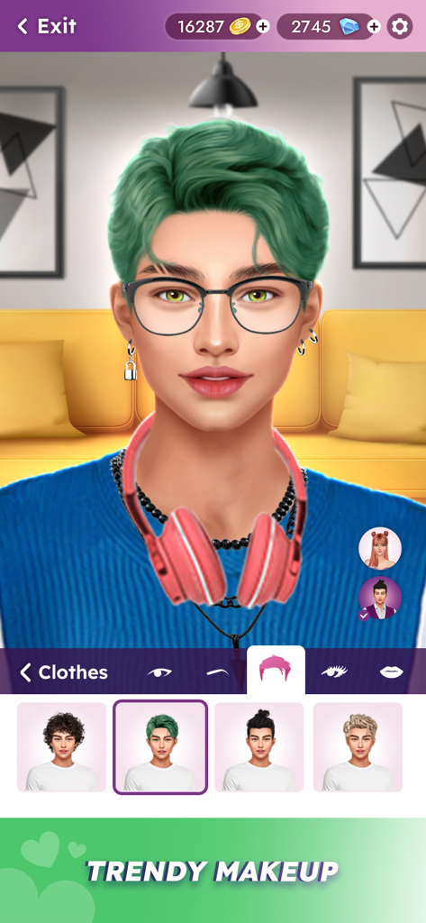 Teenager Fashion Dress Up Game - Pantalla de personalización de personaje masculino que muestra varios peinados y opciones de maquillaje de moda