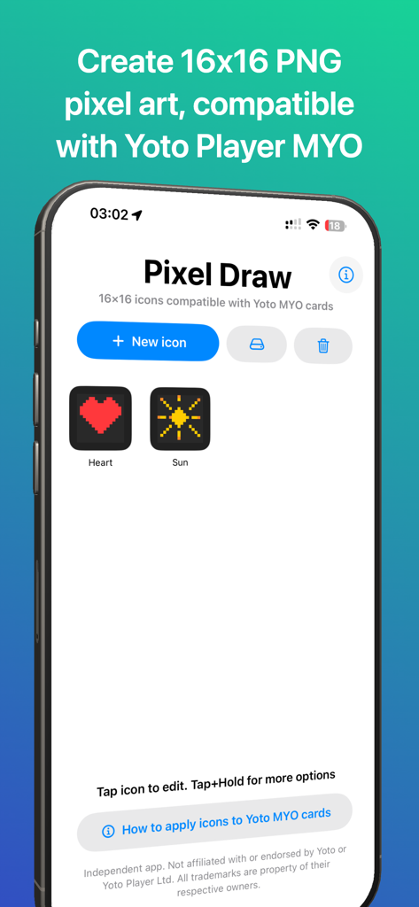 Pixel Draw 16x16 app interface showing custom pixel art icons for Yoto Player MYO cards