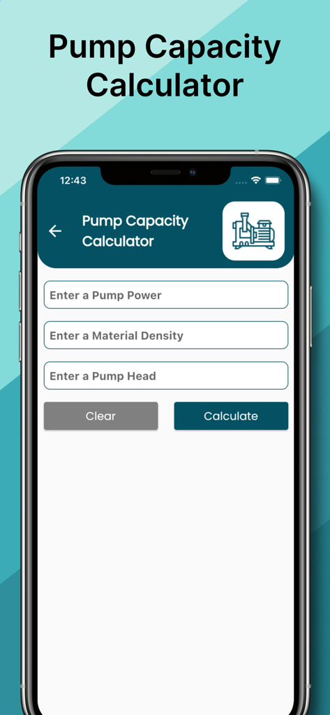 Interfaz de la aplicación Calculadora de Capacidad de Bomba en un iPhone que muestra campos de entrada para potencia de bomba, densidad del material y carga de bomba.