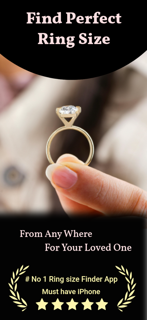 Ring Sizer - Ring Size Measure - A hand holding a diamond engagement ring with text Find Perfect Ring Size and a five star rating