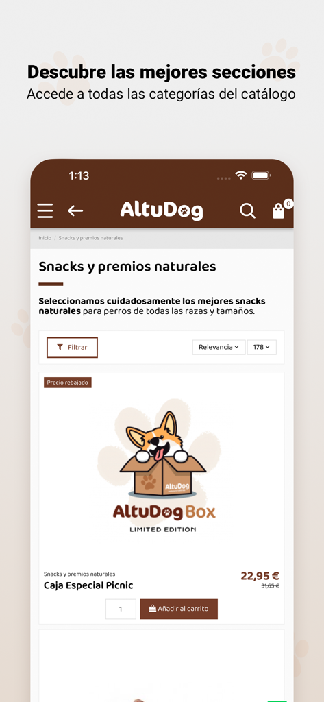 Pantalla de la app AltuDog mostrando el catálogo de snacks y premios naturales para perros