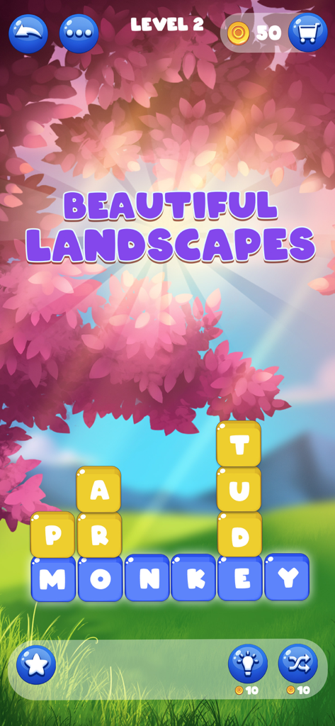 Word Pick : Word Puzzle Games - Una interfaz de juego de puzle de búsqueda de palabras con un hermoso paisaje de árbol de flores rosas de fondo.