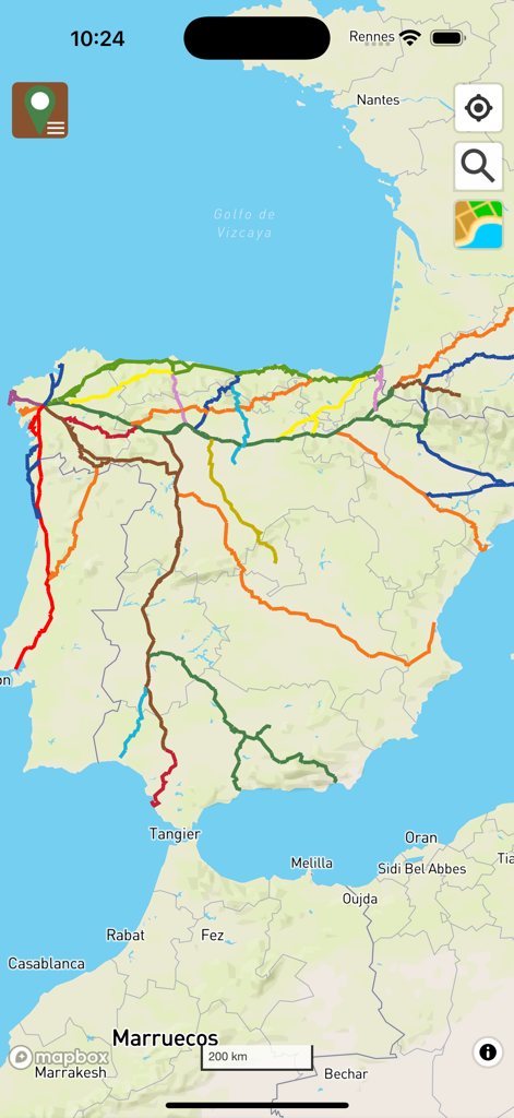 Gronze Maps - Map of Spain and Portugal showing various colorful Camino de Santiago trekking routes in the Gronze Maps app