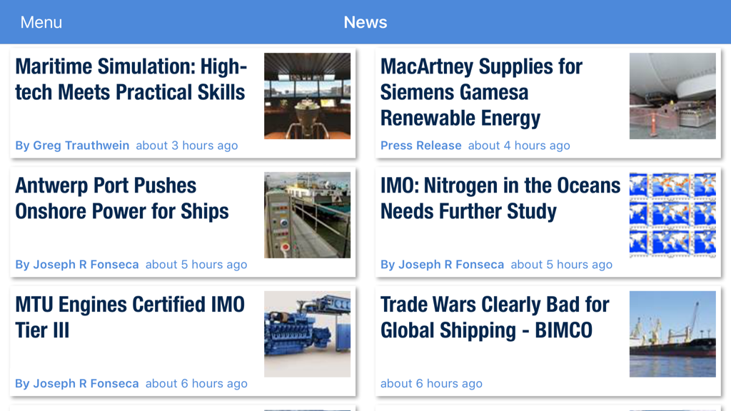 Maritime Global News - News feed within the Maritime Global News app showing industry headlines and articles.