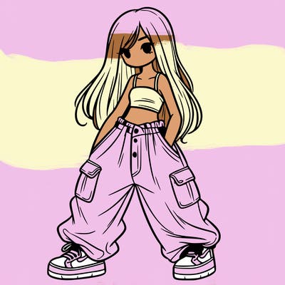 girl in baggy pants, crop top, and long hair