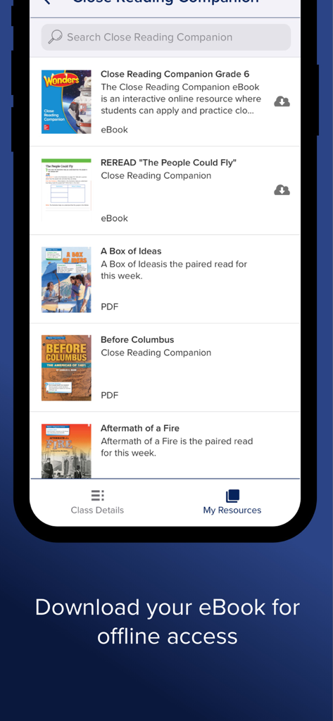 McGraw Hill K-12ポータルアプリに、オフラインダウンロード可能な教育用電子書籍とリソースのリストが表示されています。
