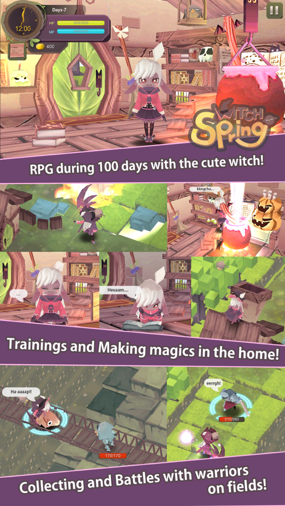 WitchSpring mobile RPG gameplay showing character training and battles