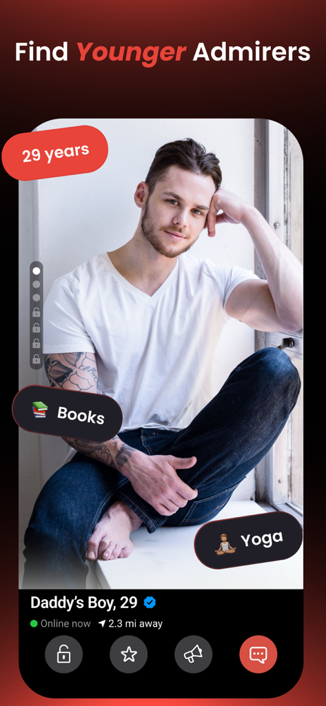 A profile of a 29-year-old man on the Daddyhunt app under the heading Find Younger Admirers.