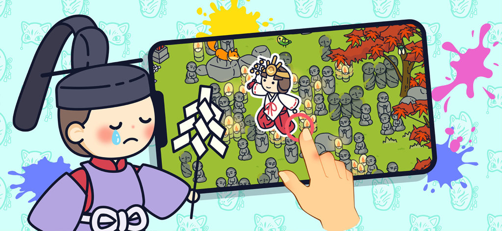 Una mano che interagisce con un personaggio su uno schermo di smartphone nel mondo dell'Isola dell'Est di Topia World.