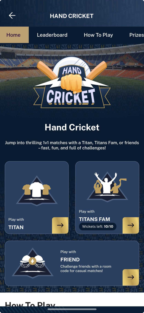 Titans FAM - Hand Cricket game selection screen in the Titans FAM app