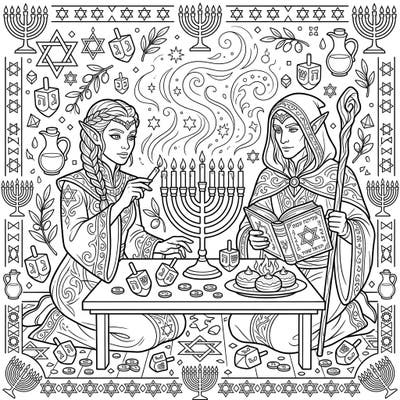 Step into a fantastical Hanukkah celebration with our enchanting Elven Mages coloring page. Watch as ancient magic meets holiday traditions, featuring menorahs, dreidels, and a sprinkle of elven charm.