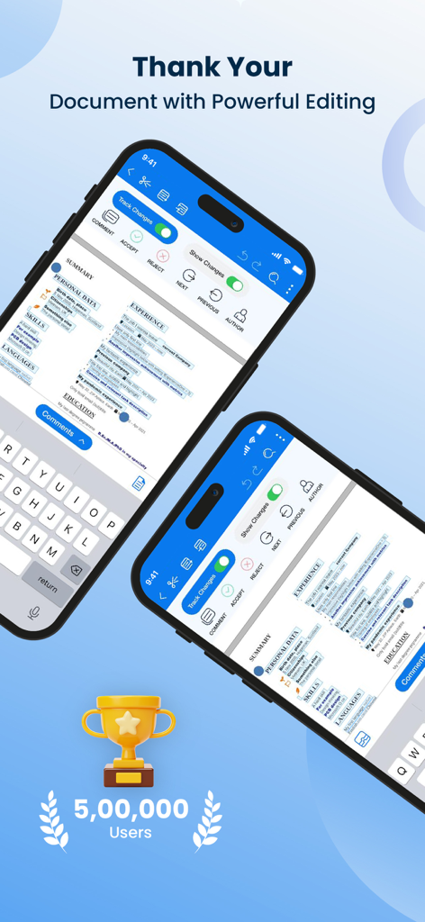 Office Word Editor:Docs, Share - Mobile App-Oberfläche zur Bearbeitung von Word-Dokumenten mit Funktionen zur Nachverfolgung von Änderungen