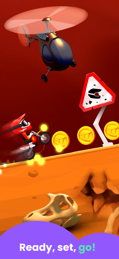 Motorcycle Games Kids: Racing - A character in a red racing suit riding a motorcycle on a desert track while collecting gold coins with a helicopter in the background