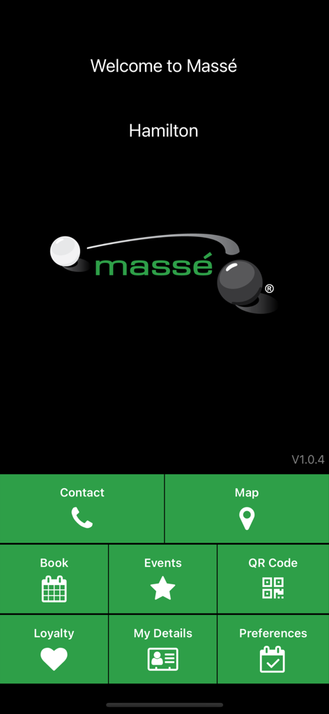 Masse - Home screen of the Masse app for a billiards club showing menu buttons for booking and loyalty