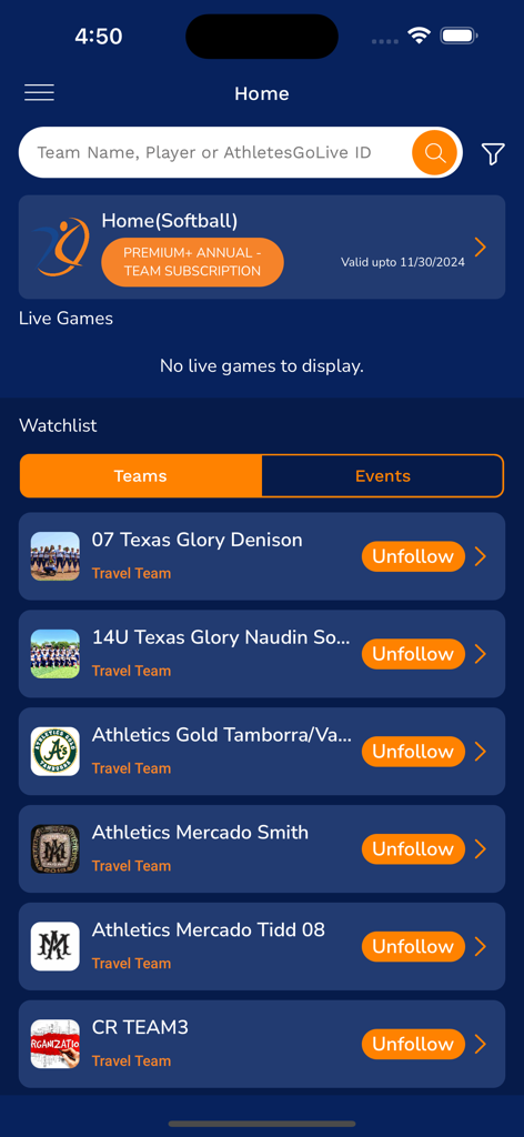 Schermata principale dell'app mobile AthletesGoLive che mostra un elenco di squadre sportive di viaggio seguite e aggiornamenti delle partite in diretta