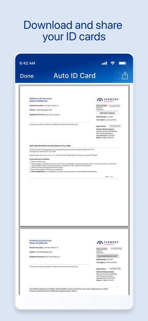 Screenshot of the Farmers Insurance Mobile app displaying a digital Auto ID Card with options to download and share.