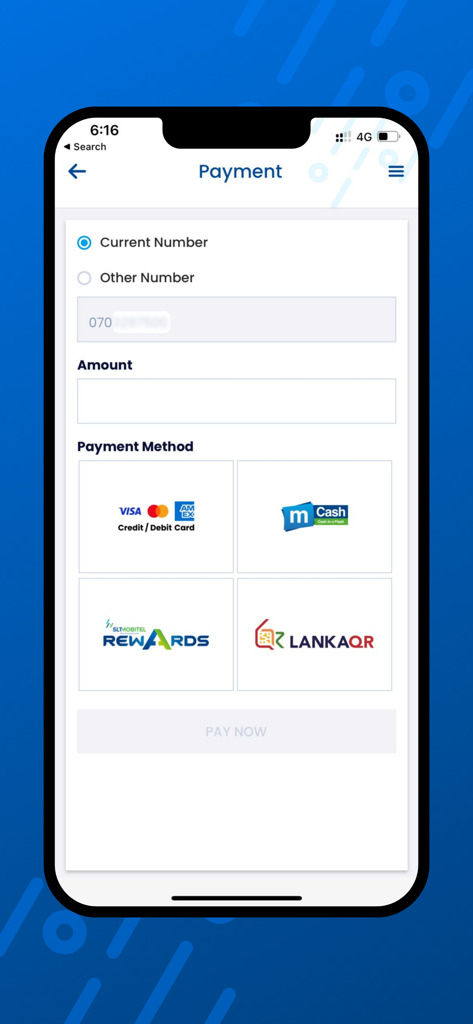 Mobitel Selfcare app payment interface showing options to pay for mobile numbers using credit cards and digital wallets