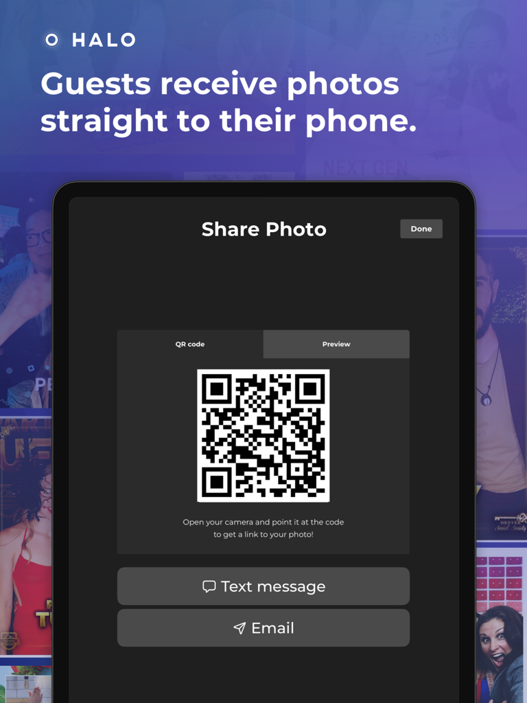 Simple Booth HALO iPad interface showing a QR code for guests to instantly receive photos on their phone via text or email