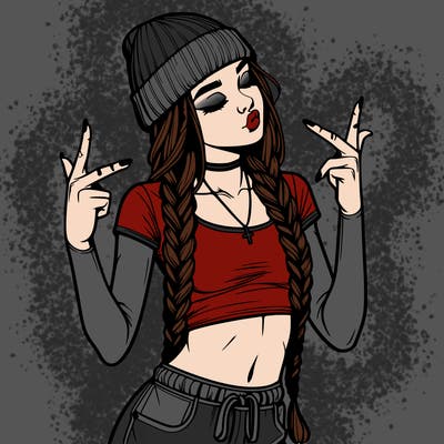 realistic teenage girl with braids and a beanie and crop top doing 🫶🏼