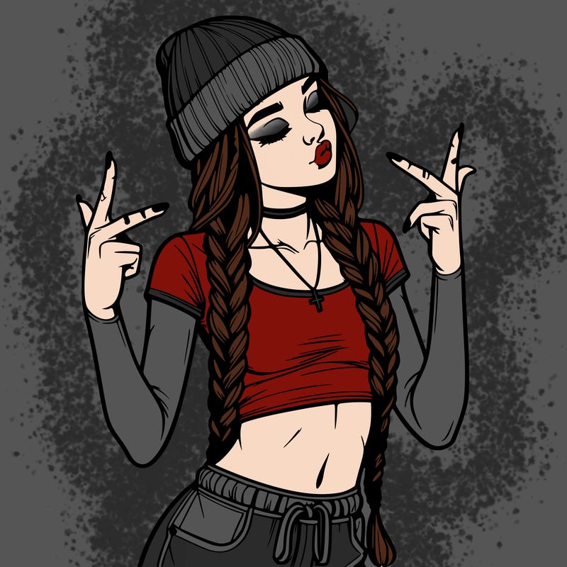 realistic teenage girl with braids and a beanie and crop top doing 🫶🏼