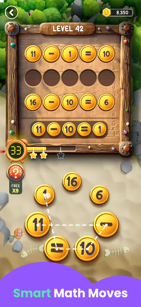 Math Puzzle Games for Kids - A kids math puzzle game screen showing subtraction equations and a number selection wheel