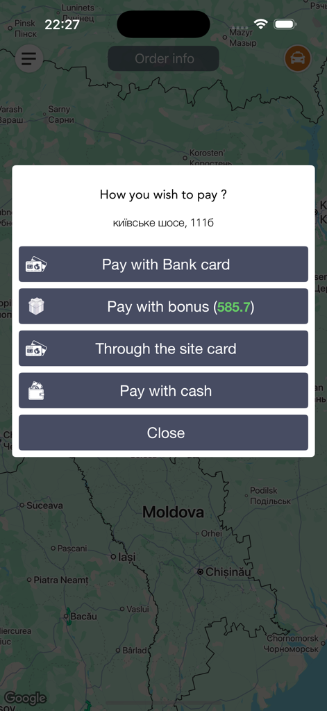 Taxi 994 - Order Taxi Online - Selection of payment methods in the Taxi 994 app including card, cash and bonuses