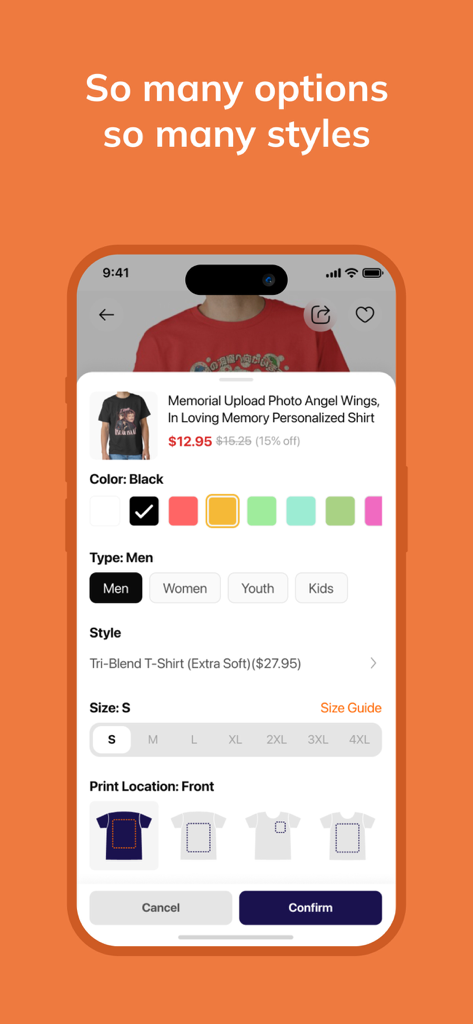 Interfaz móvil para personalizar una camiseta conmemorativa con opciones de color, tipo de prenda, tamaño y ubicación de impresión.