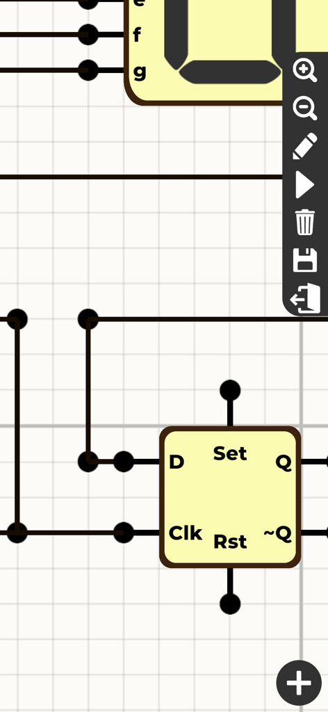 Logic Circuit Simulator Pro - Interfaccia di progettazione di circuiti logici digitali con un componente flip-flop D e cablaggi su una griglia