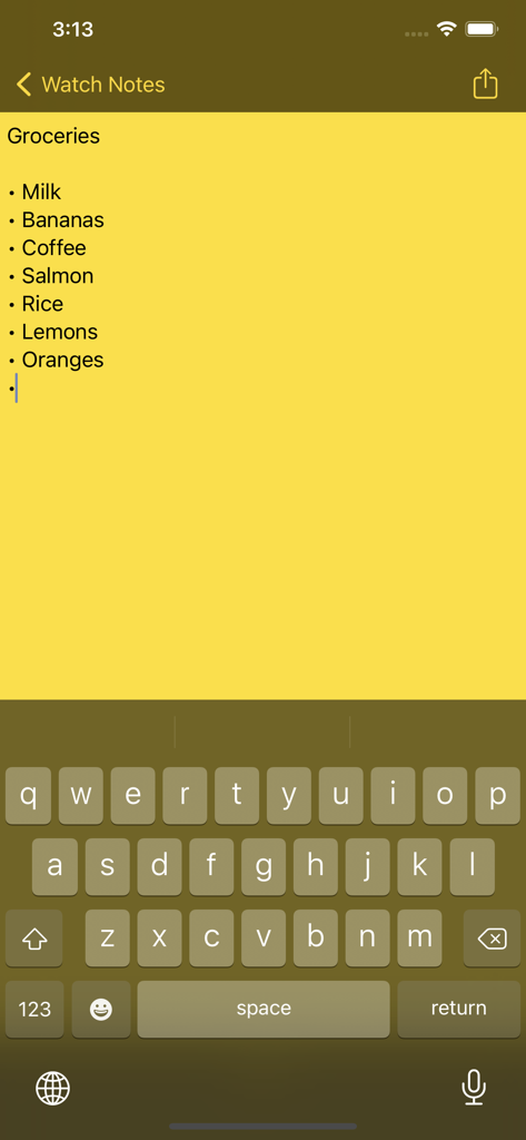 Notes for Apple Watch - Una nota de lista de compras amarilla siendo editada en un iPhone usando la aplicación Notas para Apple Watch