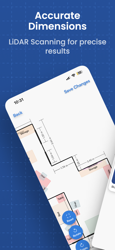 LiDARスキャンによって生成された正確な部屋の測定値が含まれた詳細な2D間取り図を表示するモバイルインターフェイス。