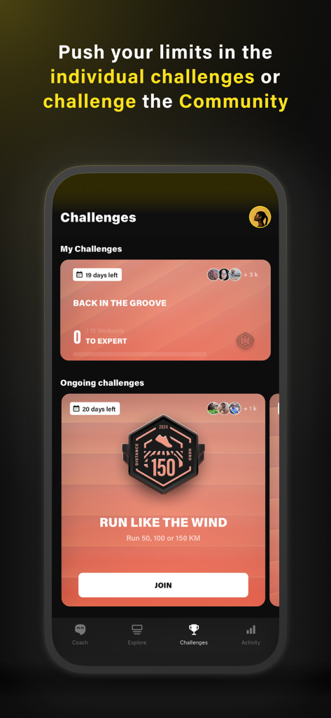Technogym: Training & Gym app - L'interface de l'application Technogym présente des défis affichant les objectifs de course en cours et les compétitions de fitness communautaires.