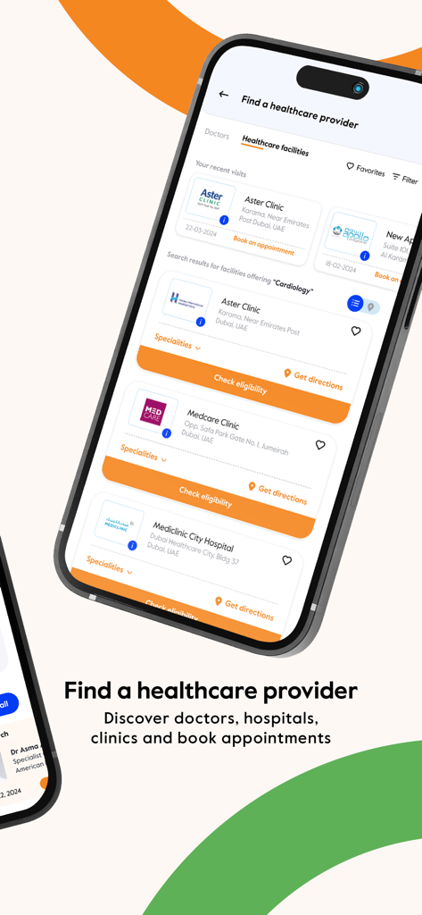 Interface of the SmartCare by Cigna app showing a list of healthcare providers and clinics with options to check eligibility and get directions.