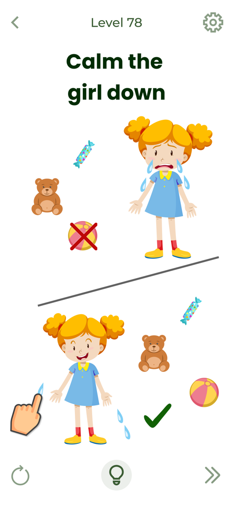 Nivel 78 del juego de puzzle Brain Out que muestra cómo calmar a una niña llorando