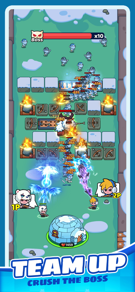 Frost Saga: Tower Defense - Co-op mode in Frost Saga Tower Defense showing two players battling a boss together