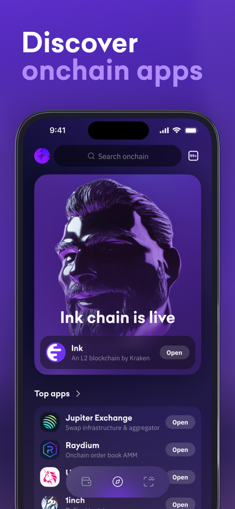 Ein mobiler Screenshot von Kraken Wallet, der den Bildschirm zum Entdecken von On-Chain-Apps mit der Ink L2 Blockchain und Top-DeFi-Apps zeigt