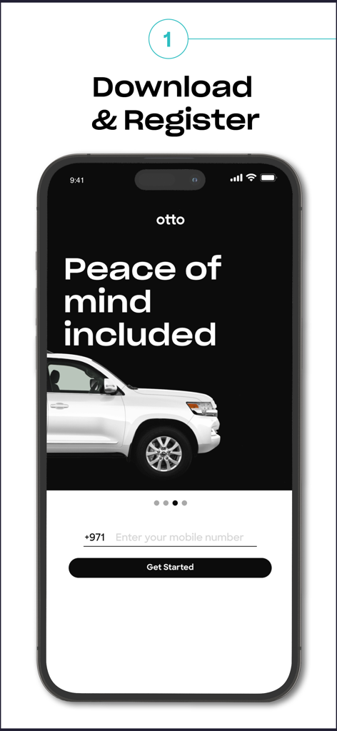 Registration screen for Otto car subscription app featuring a white SUV and a Get Started button.