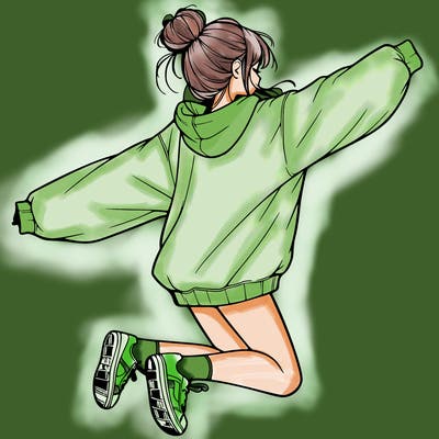 realistic girl jumping with a bun and oversized sweatshirt