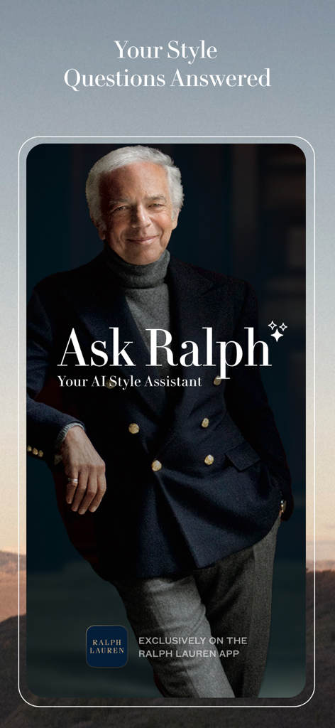 Ralph Lauren: Luxury Shopping - Retrato de Ralph Lauren promovendo o recurso de assistente de estilo de IA Ask Ralph no aplicativo de compras oficial