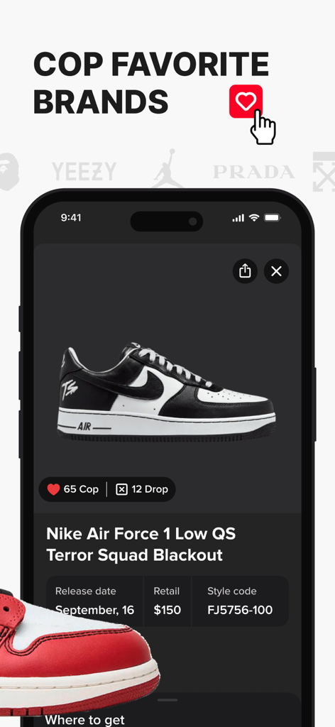 Mobile app interface of Sneakers Drops showing release details for a Nike Air Force 1 sneaker with cop and drop options