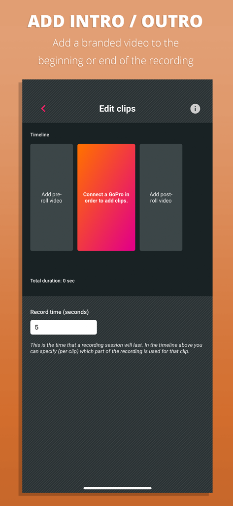 Interfaz de GlambotApp que muestra el editor de línea de tiempo para agregar vídeos de introducción y finalización de marca a clips de eventos