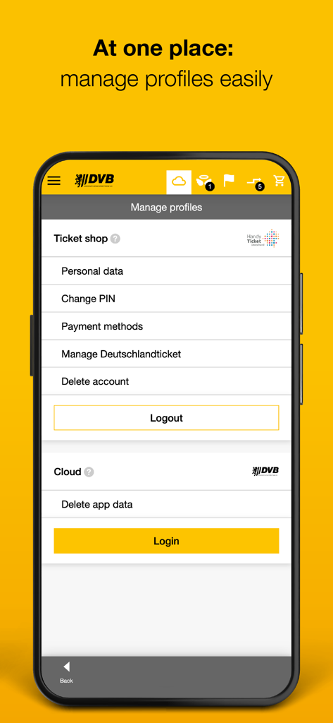DVB mobil - DVB mobil app profile management screen with ticket shop and account settings