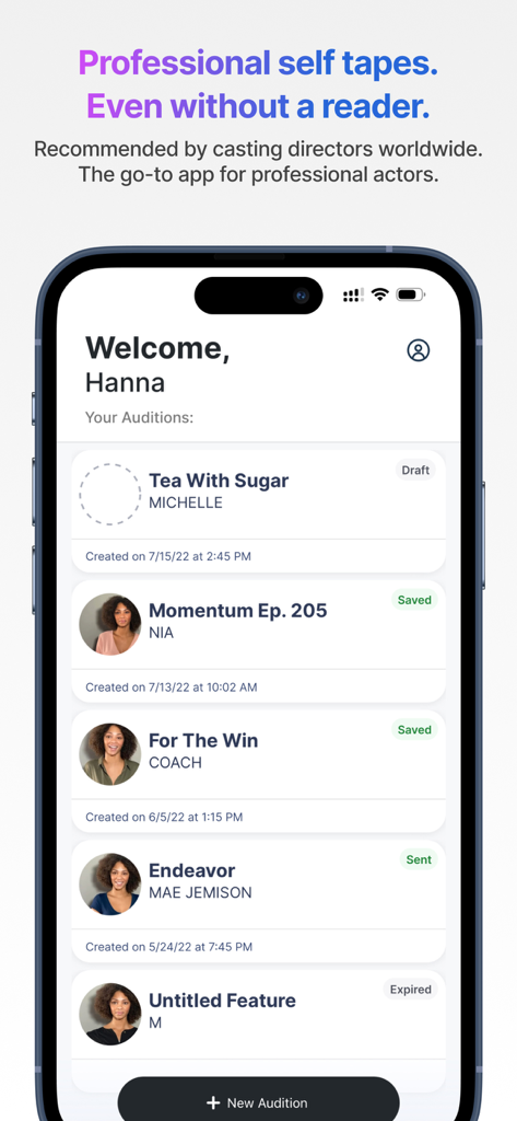Slatable - Self Tape Yourself - Slatable app dashboard showing a list of audition projects and their current statuses for a professional actor