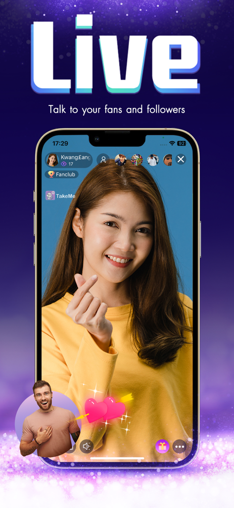 TakeMe - Live Stream - Interface of the TakeMe app showing a live streaming session with a female creator and fan interaction
