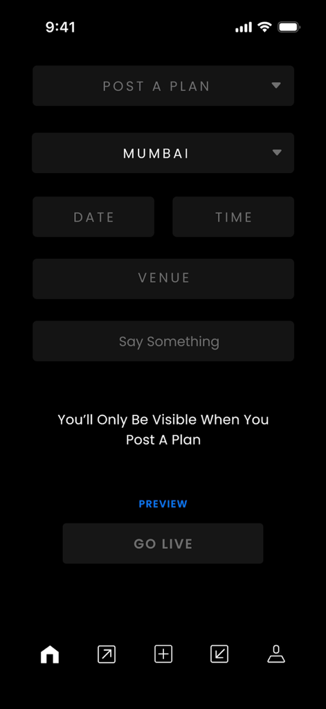 Uma captura de tela da tela Postar um Plano do aplicativo NO NAMES com campos de seleção de cidade, data, hora e local.