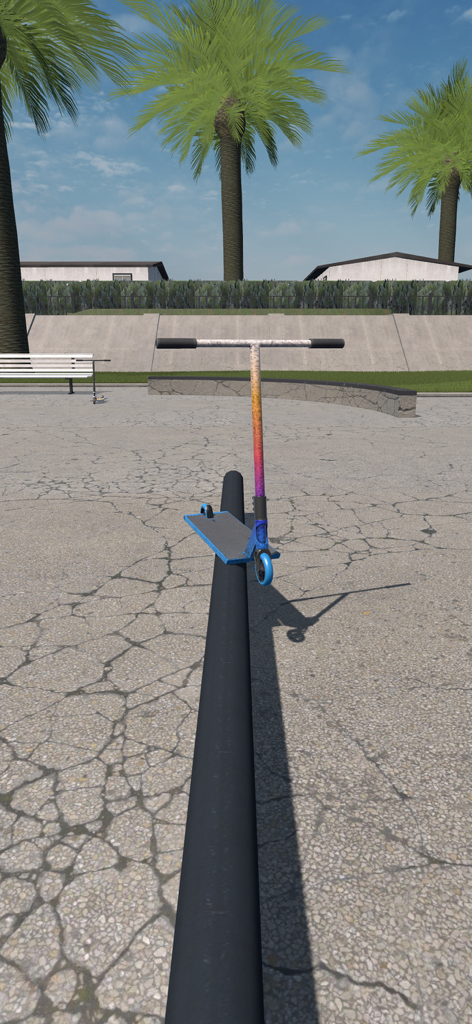 A colorful scooter performing a realistic grind on a rail in a virtual skatepark