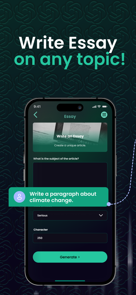 Gem AI mobile App-Bildschirm, der die Funktion des Aufsatzschreib-Assistenten zeigt